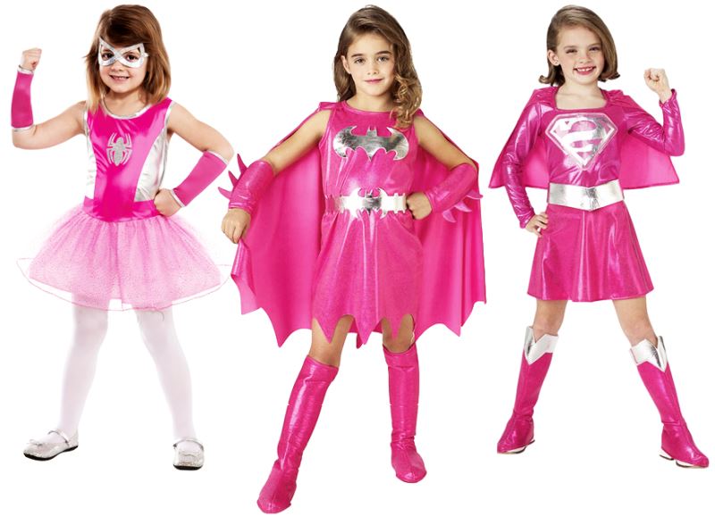Niñas con disfraces rosas, disfrazadas de superheroínas